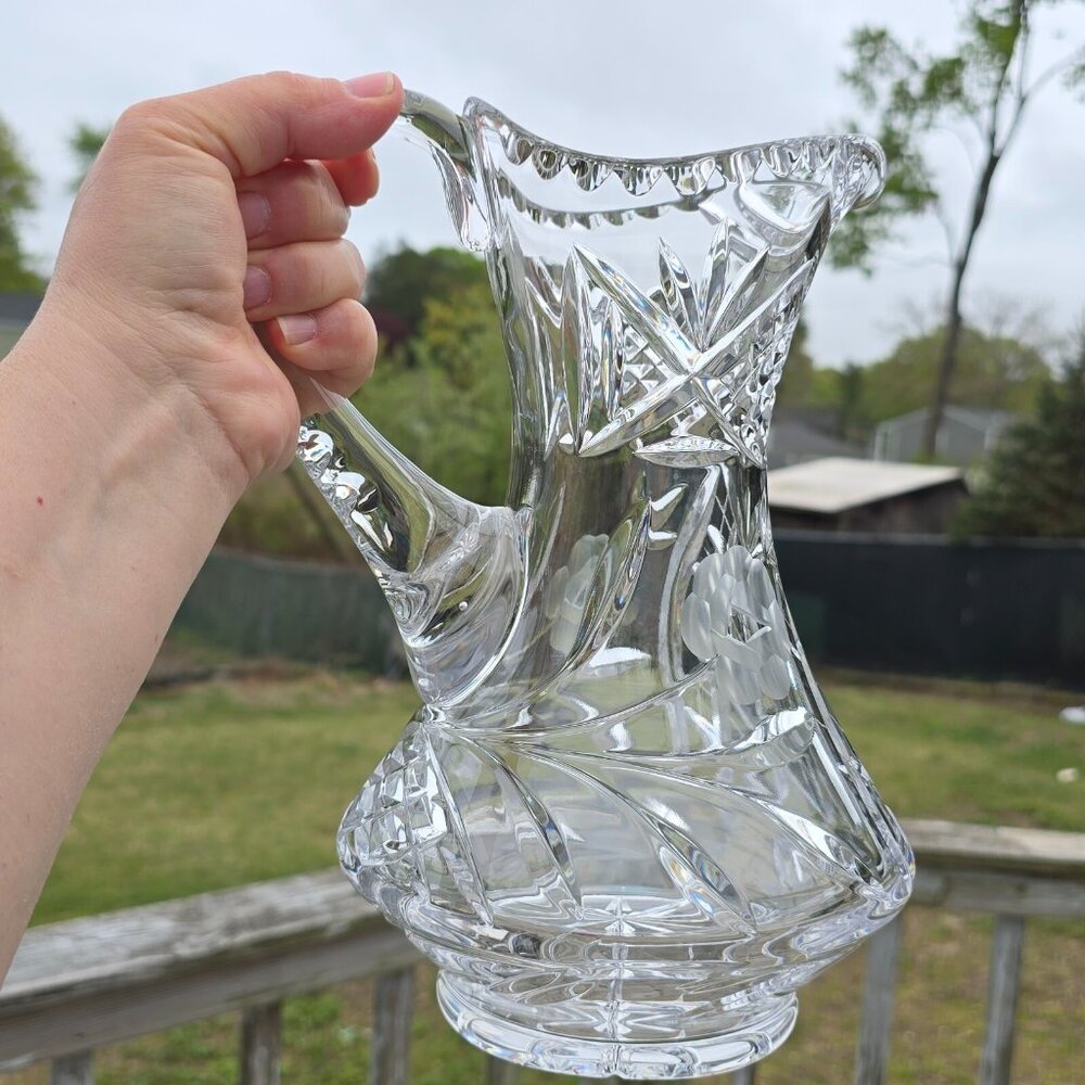 Etched Heavy Cut Crystal Pitcher Decanter Handle Floral Motif - Picture 14 of 14